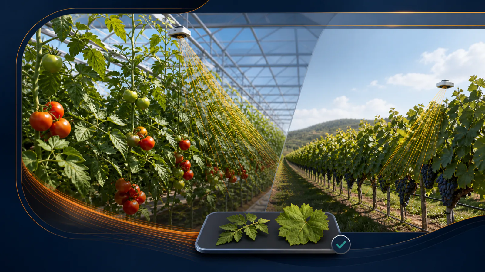 Illustrative system view of Greenhouse and vineyard canopy observation during a valid measurement window; not a thermal measurement.