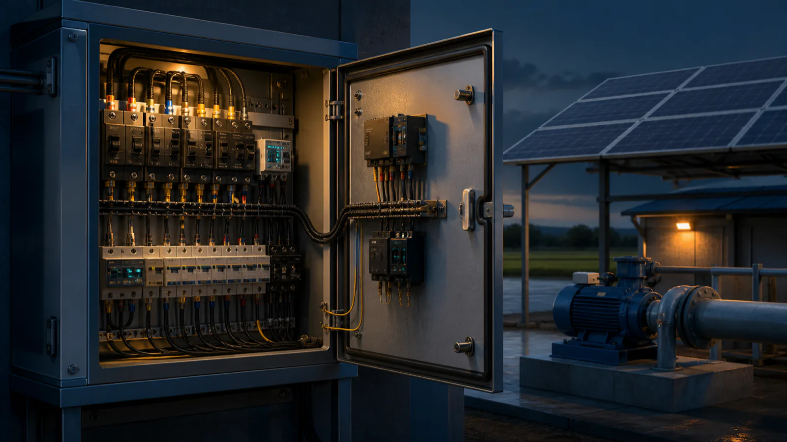 Illustrative system view of Electrical panel, pump motor and solar infrastructure under normal operating conditions; not a thermal measurement.