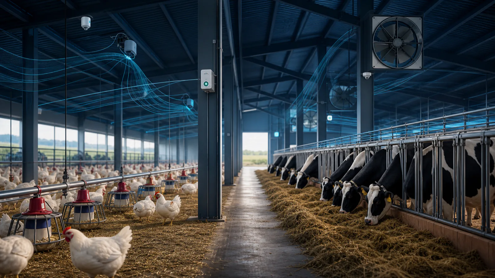 Illustrative system view of Livestock climate and condition monitoring across a poultry house and dairy barn; not a thermal measurement.